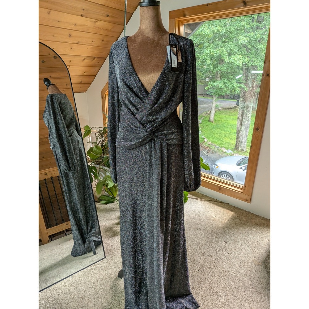 Betsy & Adam Metallic Twist Front Long Sleeve Gown Black Sparkle MOG/MOB size 12